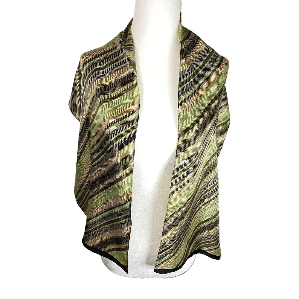 Echo Silk Scarf Green Tan Black Chevron Herringbone Striped Rectangular Wrap‎